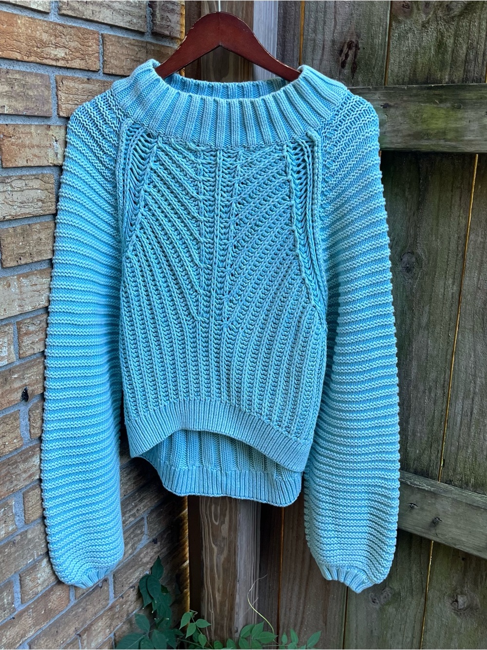 Free People Aqua Cable Knit Mock Turtleneck Sweater